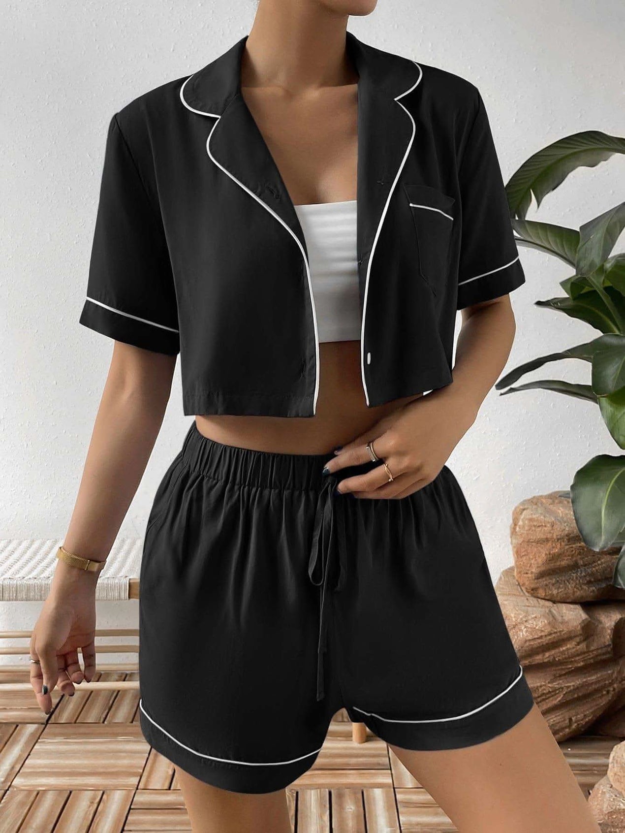 Contrast Lapel Collar Cropped Shirt and Shorts Lounge Set - SwagglyLife Home & Fashion